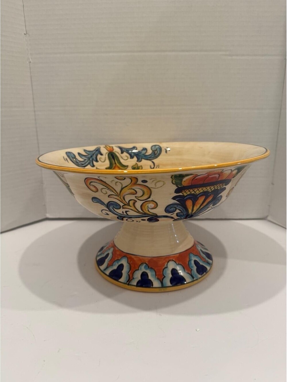 Vintage Maxcera Corp “Yellow Talavera” Pedestal Compote Bowl — Hand‑Painted